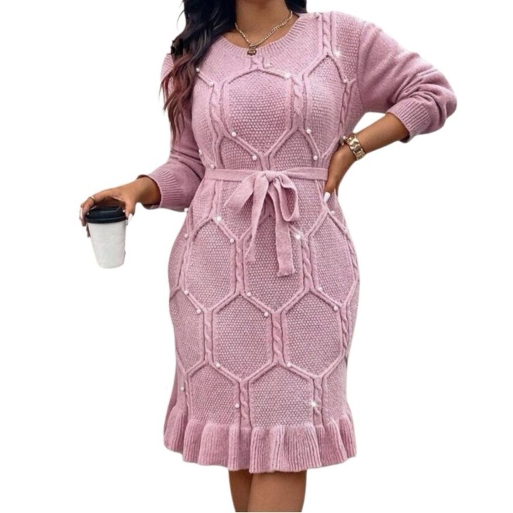 SHEIN Clasi Plus Size Pearl Flounce Hem Sweater Knit Dress Pink - Picture 5 of 12